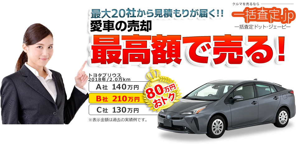 最大20社から見積もりが届く!! 愛車の売却最高額で売る! クルマを売るなら一括査定ドット・ジェーピー